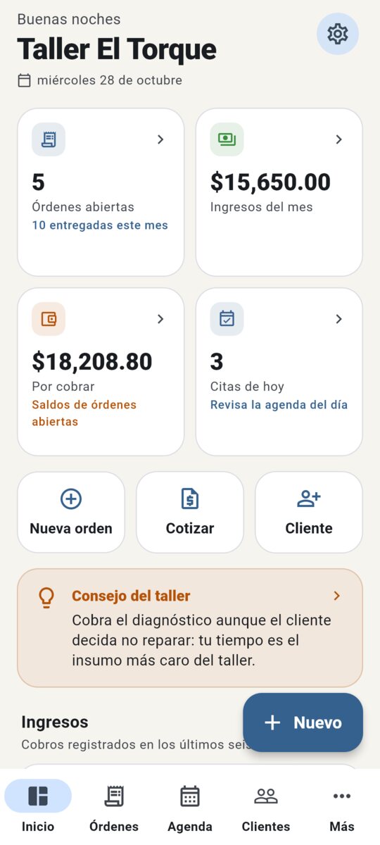 Inicio con resumen del mes y pendientes