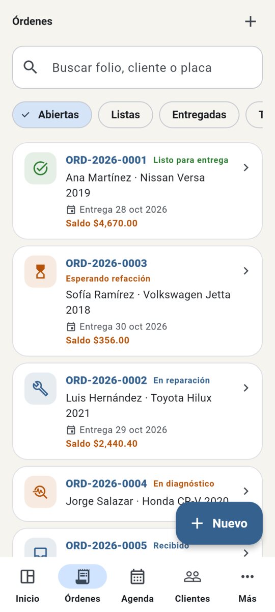 Lista de órdenes con folio y estado