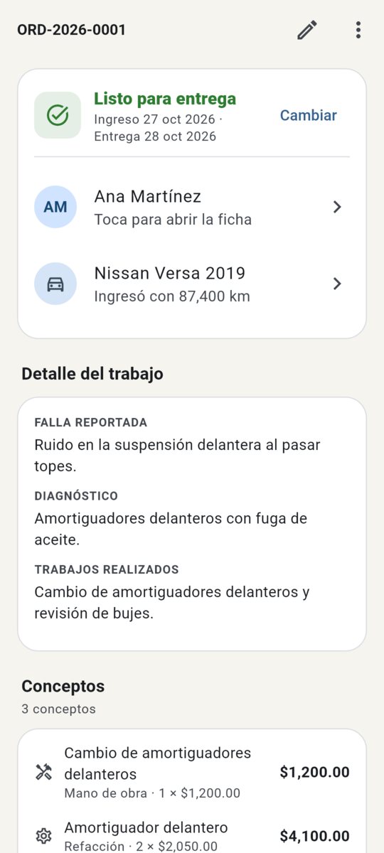 Detalle de una orden con partidas, fotos y saldo