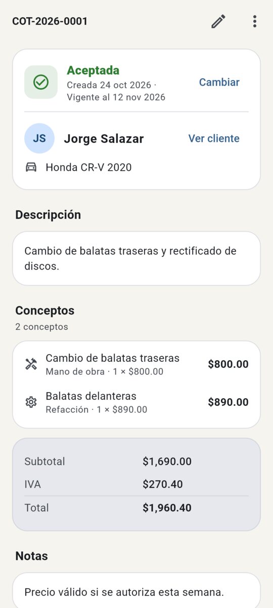 Detalle de cotización con conceptos y total