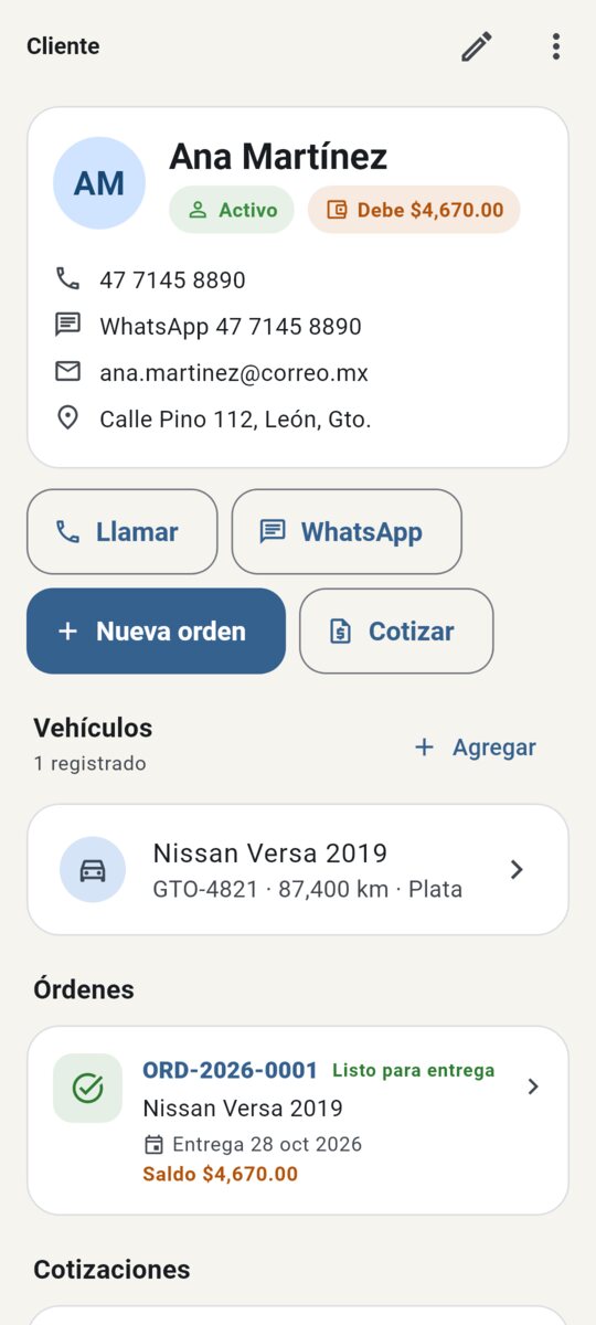 Ficha de cliente con historial