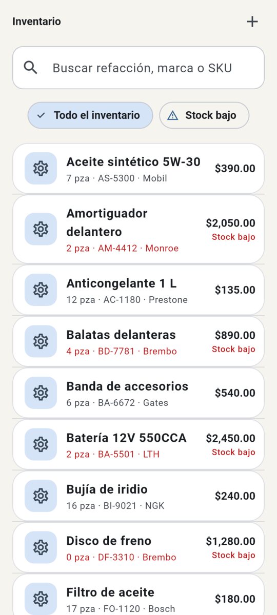 Inventario de refacciones con mínimos