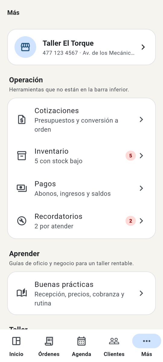 Menú con todos los módulos del taller