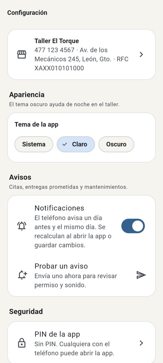 Ajustes con respaldos y avisos